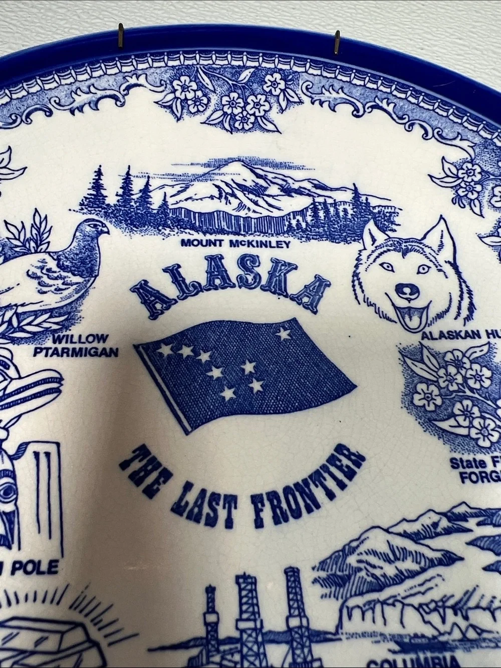 Vintage Alaska Travel Souvenir Plate Blue Transferware Japan